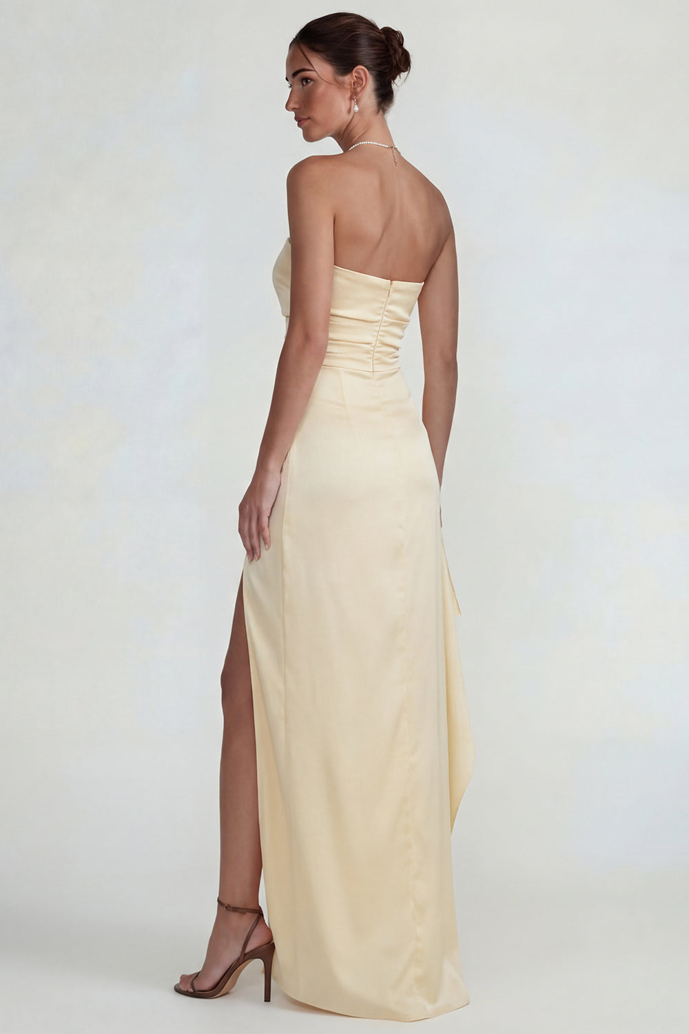 Light Yellow Satin Strapless Ruffled Long Sheath Wedding Guest Dress with Slit