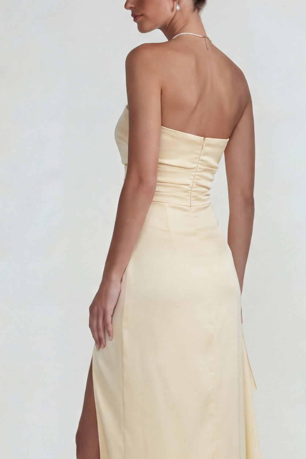 Light Yellow Satin Strapless Ruffled Long Sheath Wedding Guest Dress with Slit