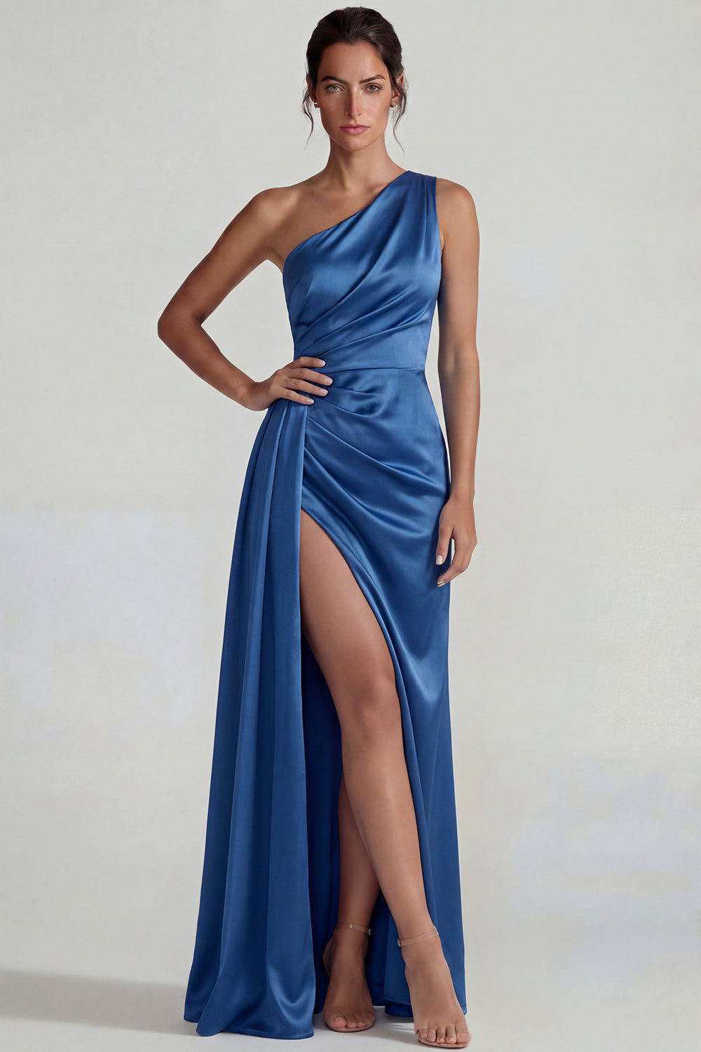 Dark Blue Satin One Shoulder Sheath Long Wedding Guest Dress with Slit