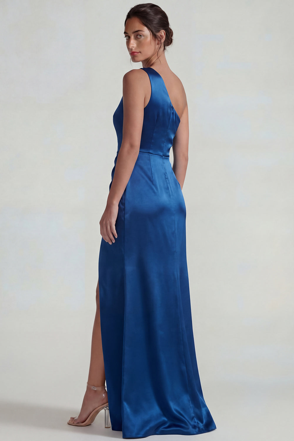 Dark Blue Satin One Shoulder Sheath Long Wedding Guest Dress with Slit