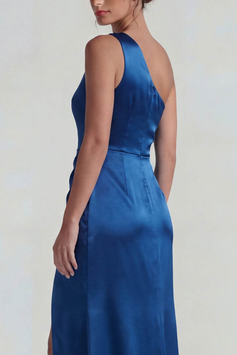 Dark Blue Satin One Shoulder Sheath Long Wedding Guest Dress with Slit