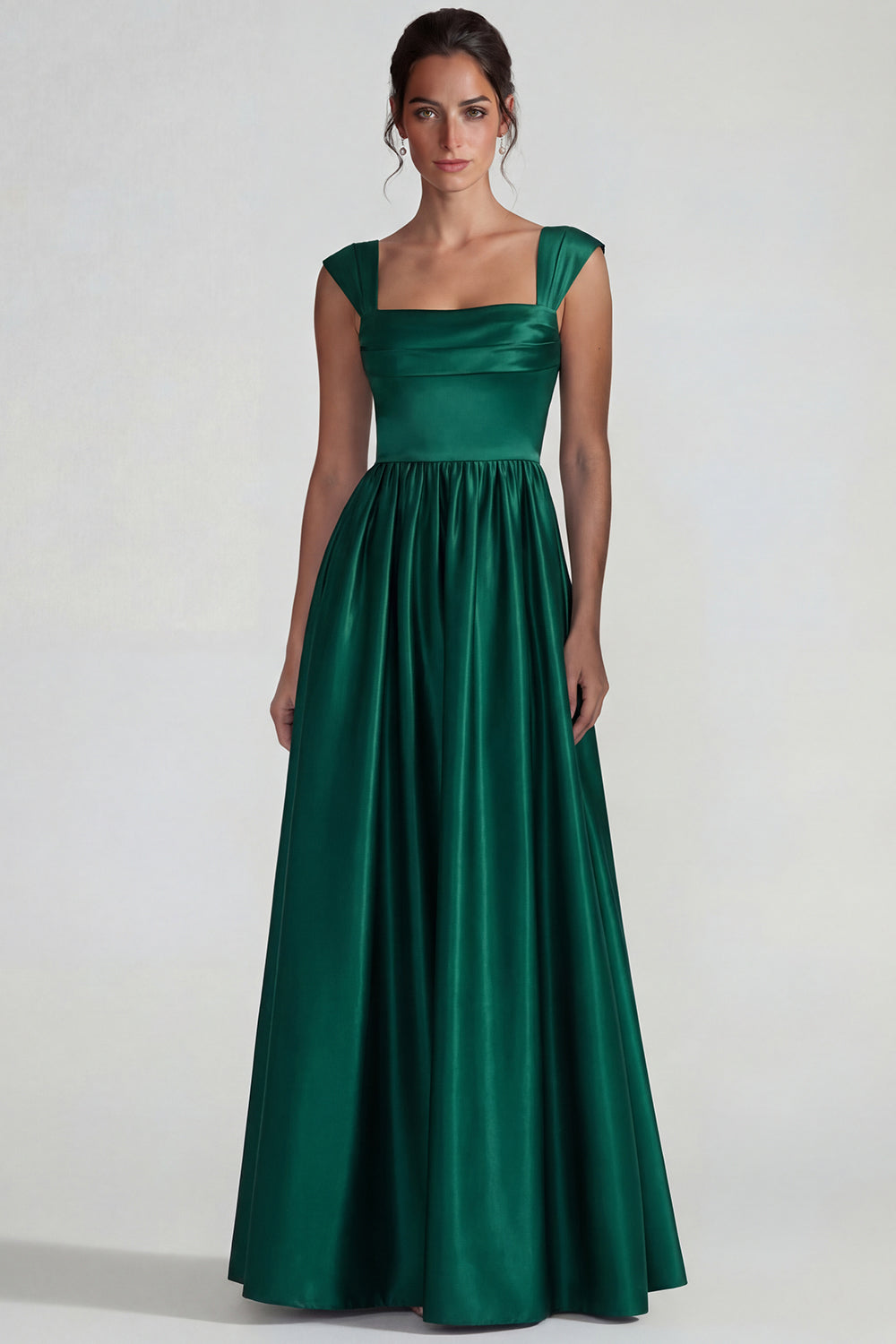 Dark Green Satin A Line Square Neck Long Wedding Guest Dress