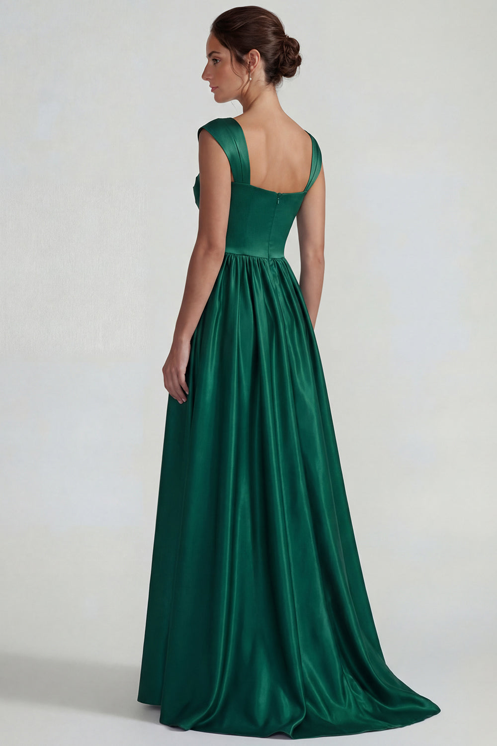Dark Green Satin A Line Square Neck Long Wedding Guest Dress