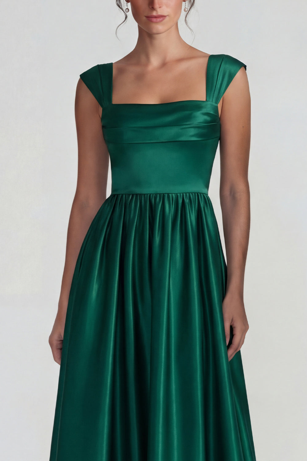 Dark Green Satin A Line Square Neck Long Wedding Guest Dress