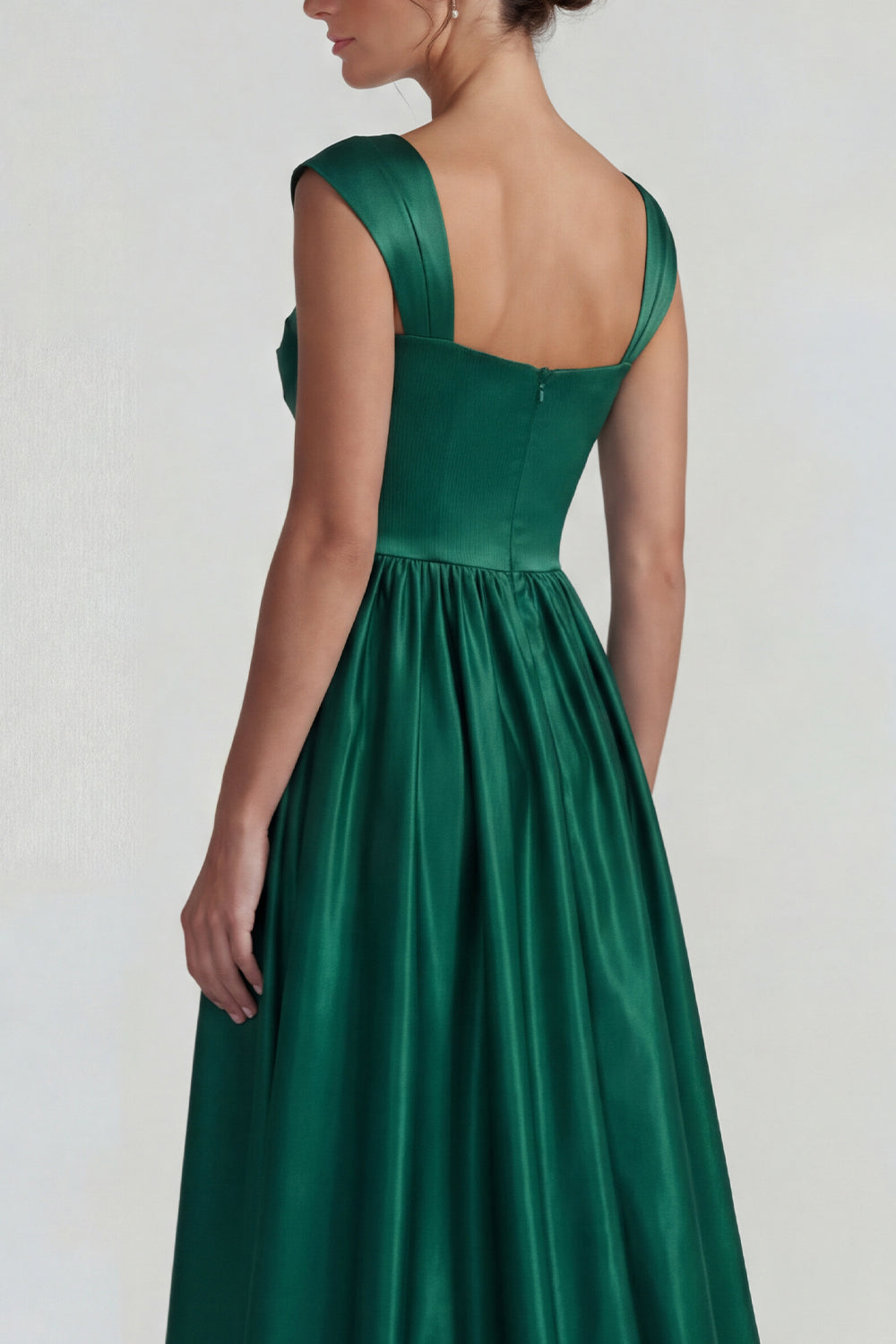 Dark Green Satin A Line Square Neck Long Wedding Guest Dress