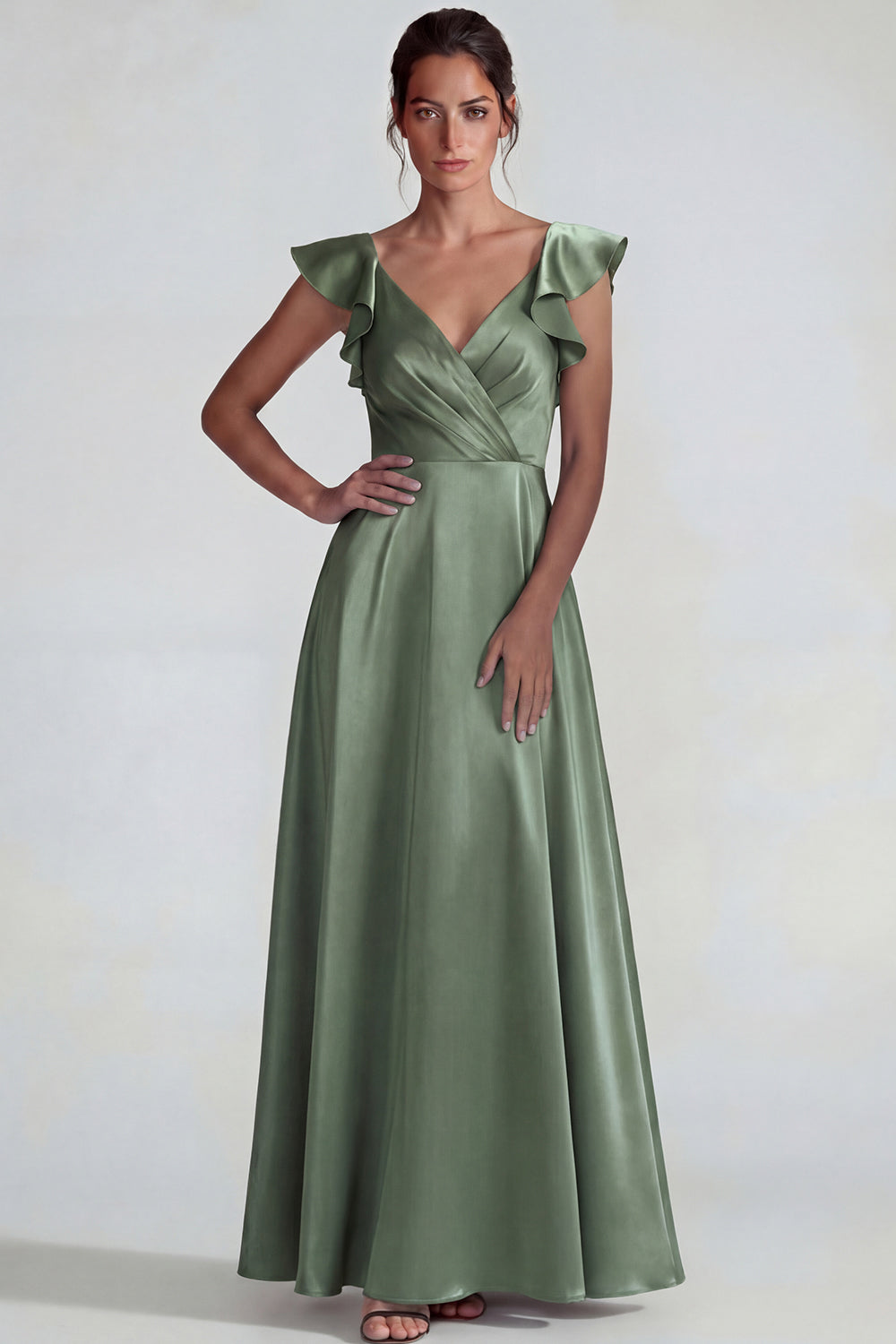 Dusty Sage V Neck Ruffled A Line Long Satin Wedding Guest Dress
