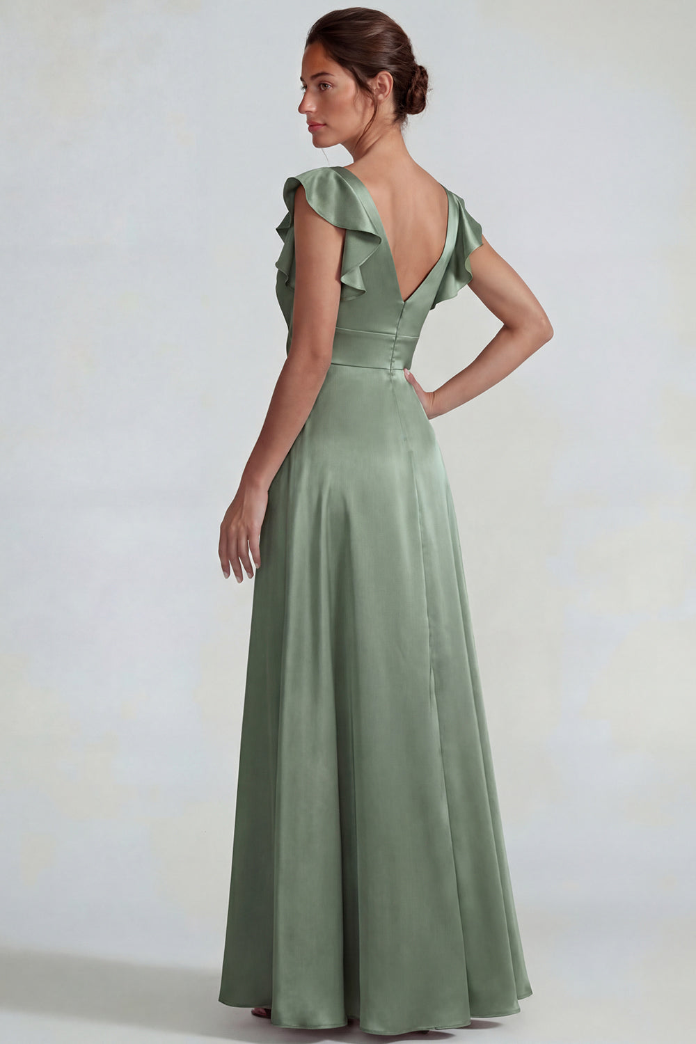 Dusty Sage V Neck Ruffled A Line Long Satin Wedding Guest Dress