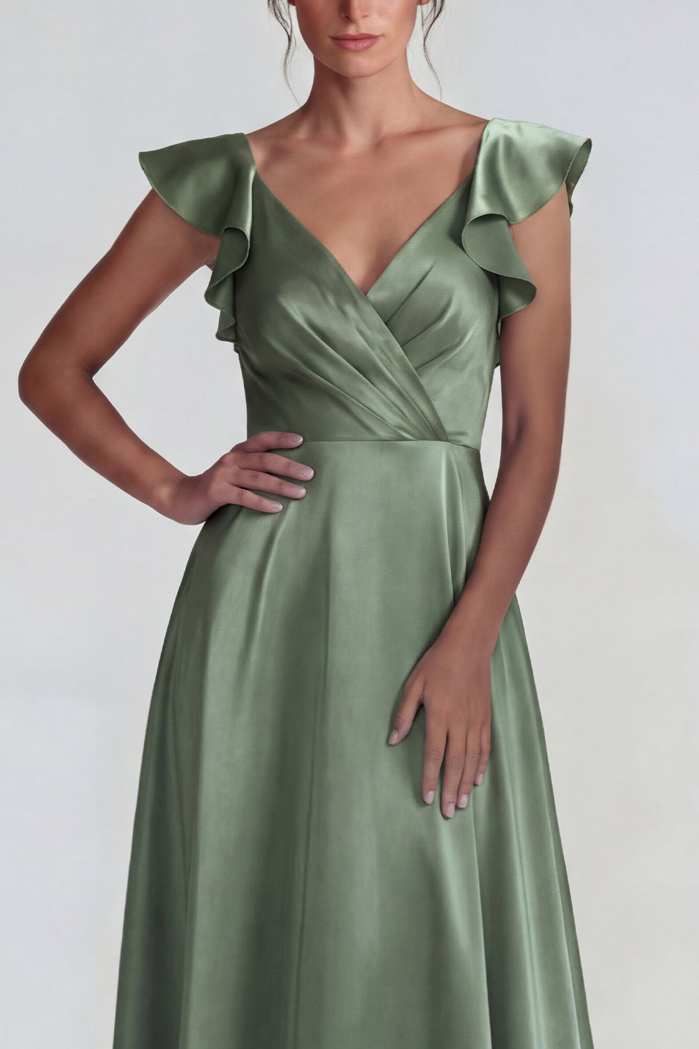 Dusty Sage V Neck Ruffled A Line Long Satin Wedding Guest Dress