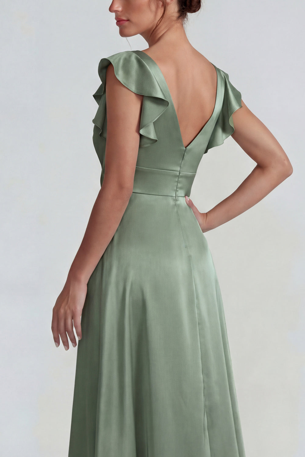 Dusty Sage V Neck Ruffled A Line Long Satin Wedding Guest Dress