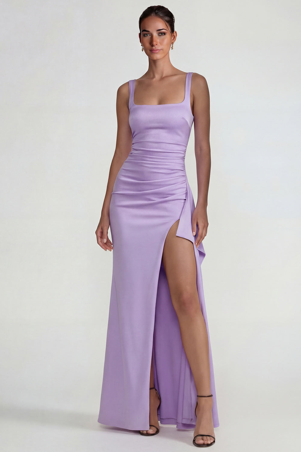 Lilac Square Neck Satin Sheath Long Wedding Guest Dress with Slit