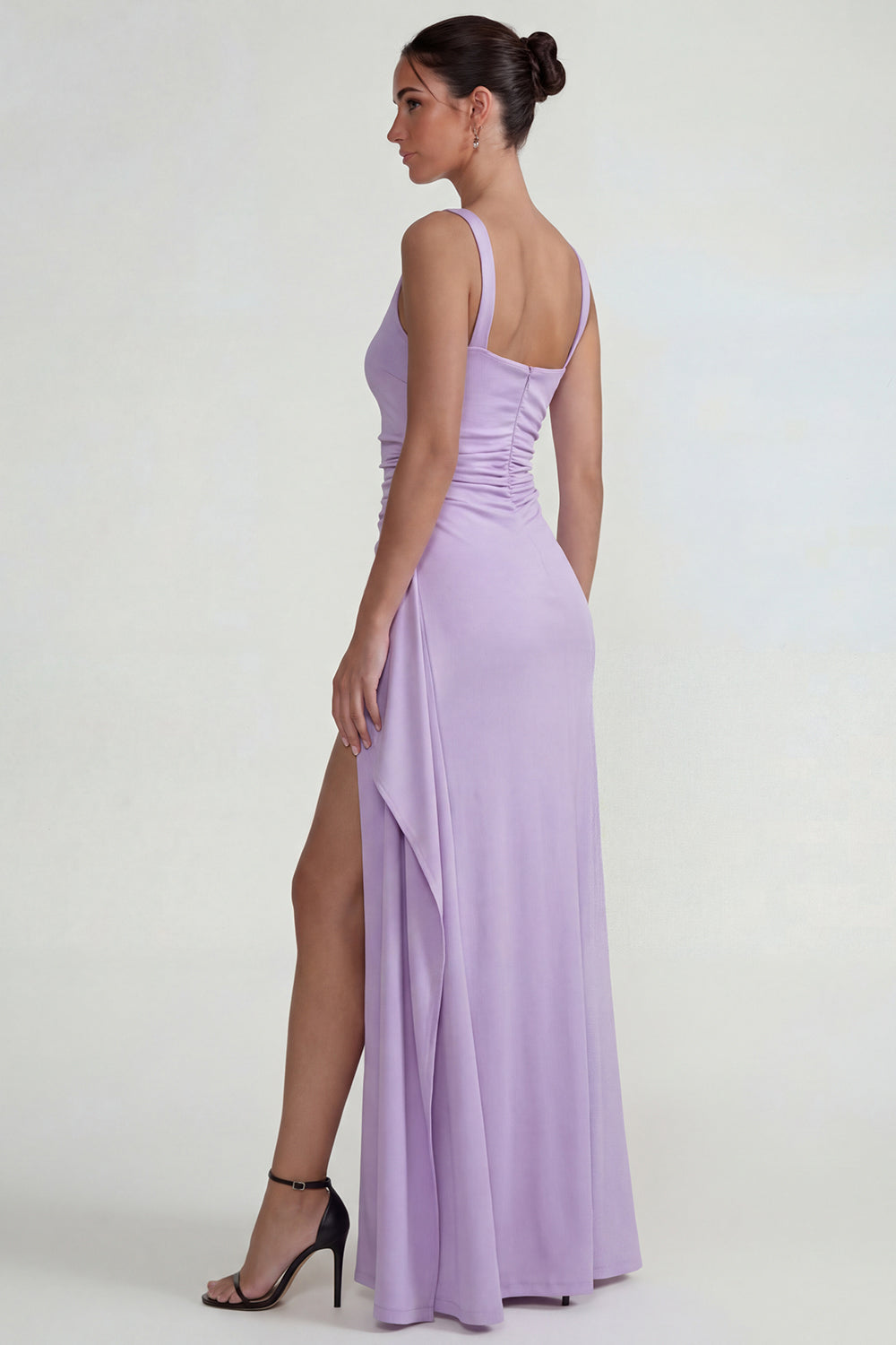 Lilac Square Neck Satin Sheath Long Wedding Guest Dress with Slit
