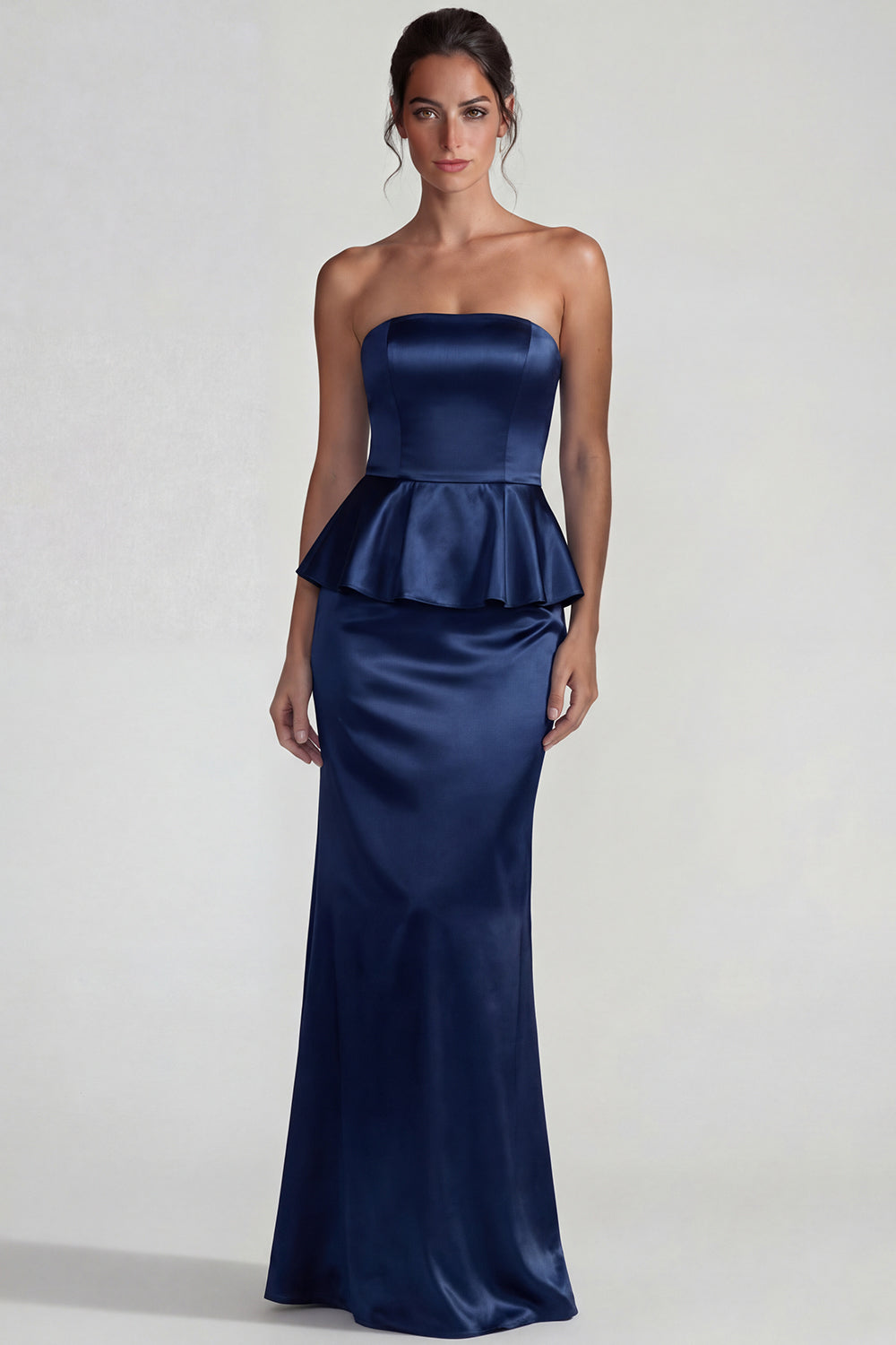Navy Strapless Satin Long Mermaid Wedding Guest Dress with Ruffles