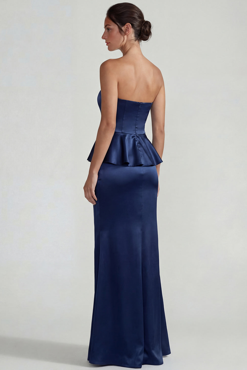 Navy Strapless Satin Long Mermaid Wedding Guest Dress with Ruffles