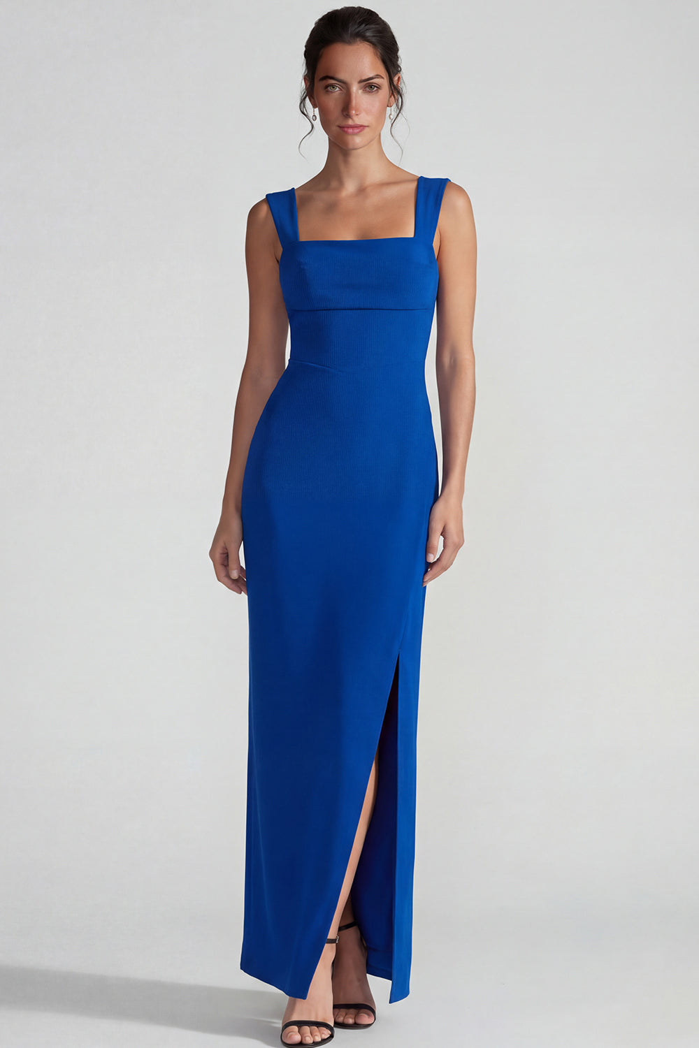 Royal Blue Square Neck Long Sheath Wedding Guest Dress with Slit