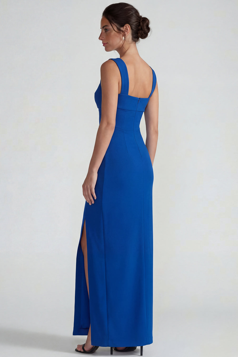 Royal Blue Square Neck Long Sheath Wedding Guest Dress with Slit
