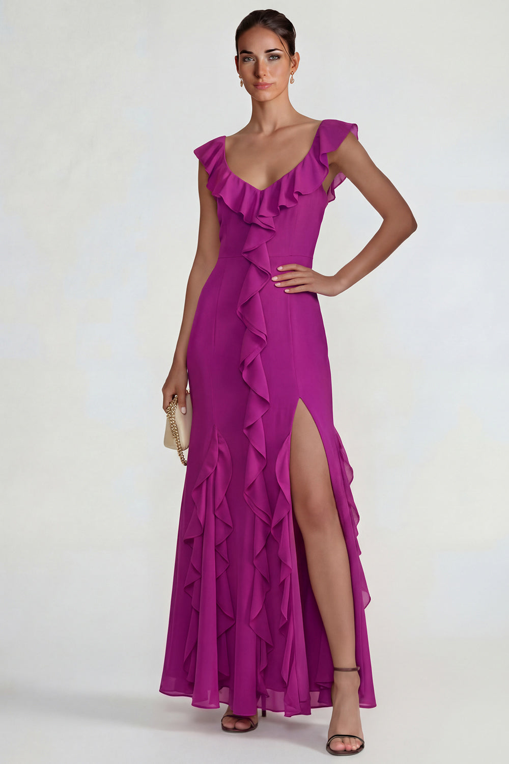 Dark Purple Ruffled Mermaid Long Wedding Guest Dress with Slit