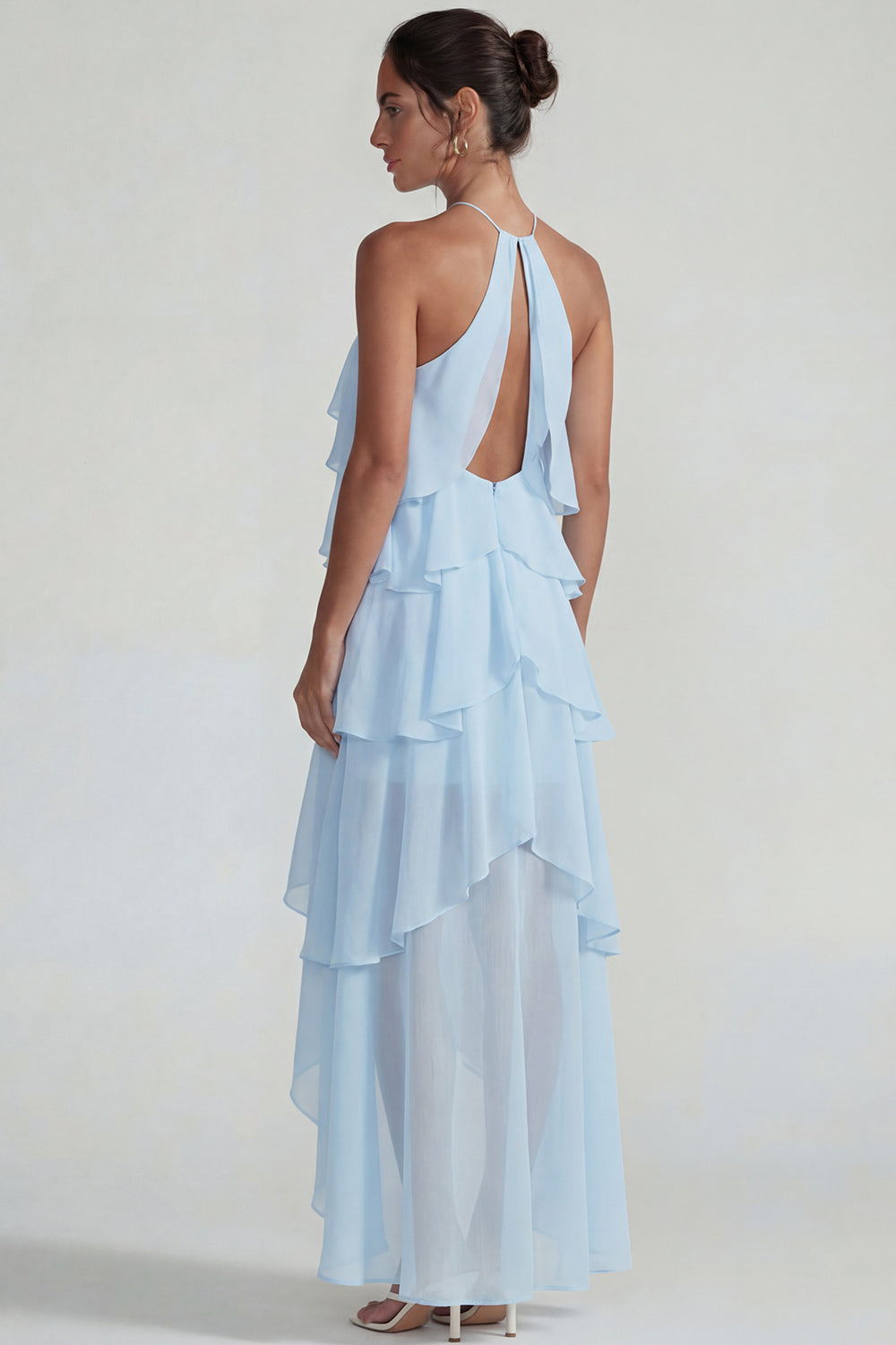 Blue Tiered A Line Halter Long Wedding Guest Dress with Ruffles