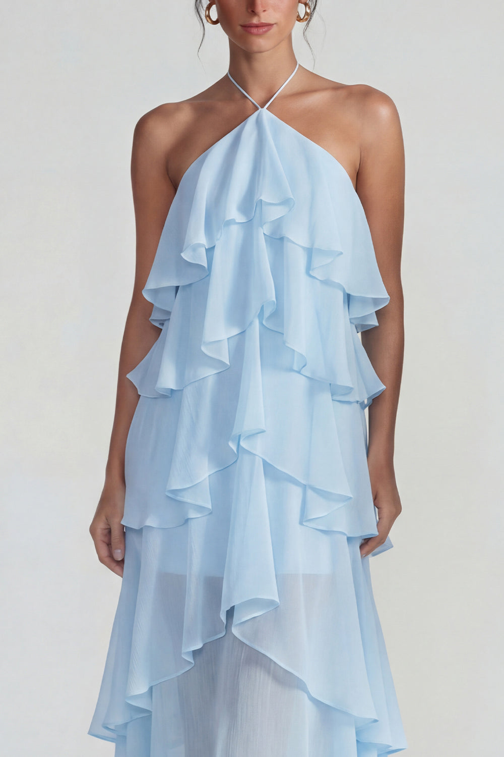 Blue Tiered A Line Halter Long Wedding Guest Dress with Ruffles