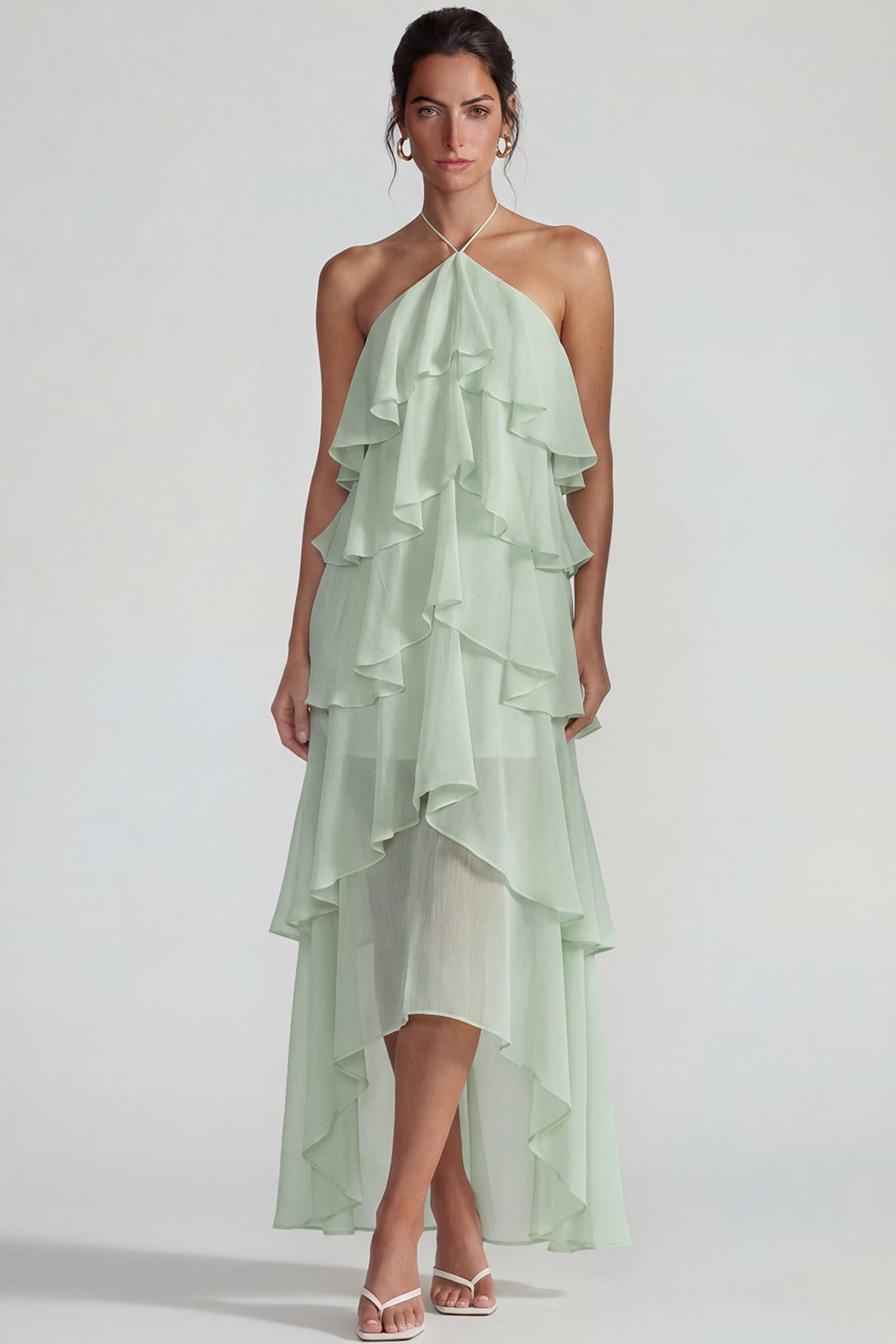 Blue Tiered A Line Halter Long Wedding Guest Dress with Ruffles