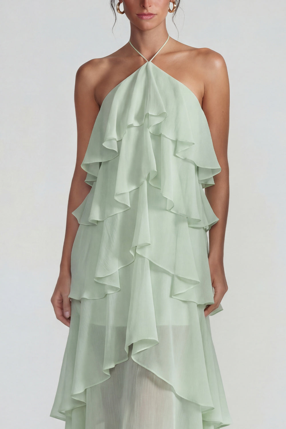 Blue Tiered A Line Halter Long Wedding Guest Dress with Ruffles