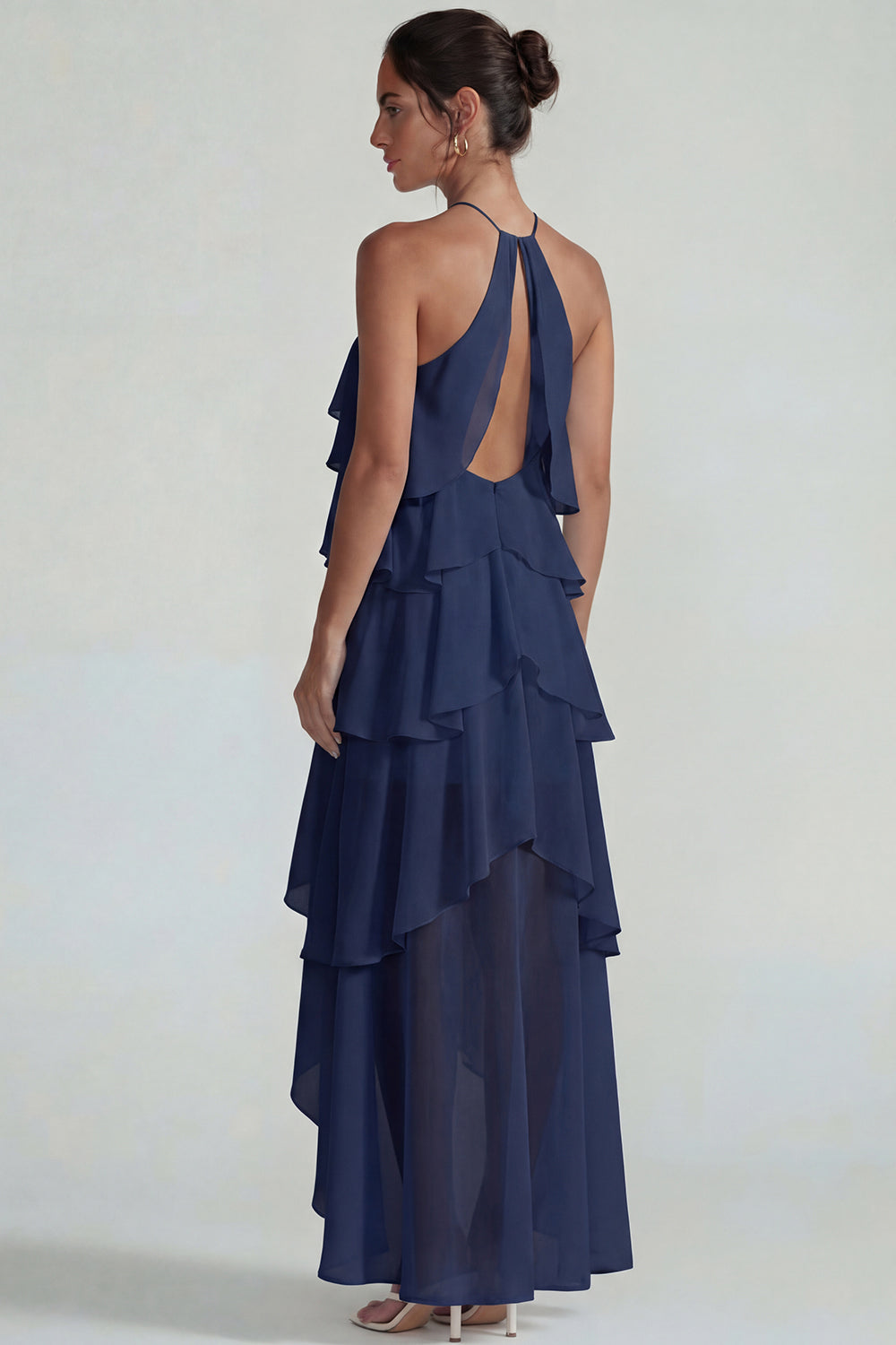 Blue Tiered A Line Halter Long Wedding Guest Dress with Ruffles