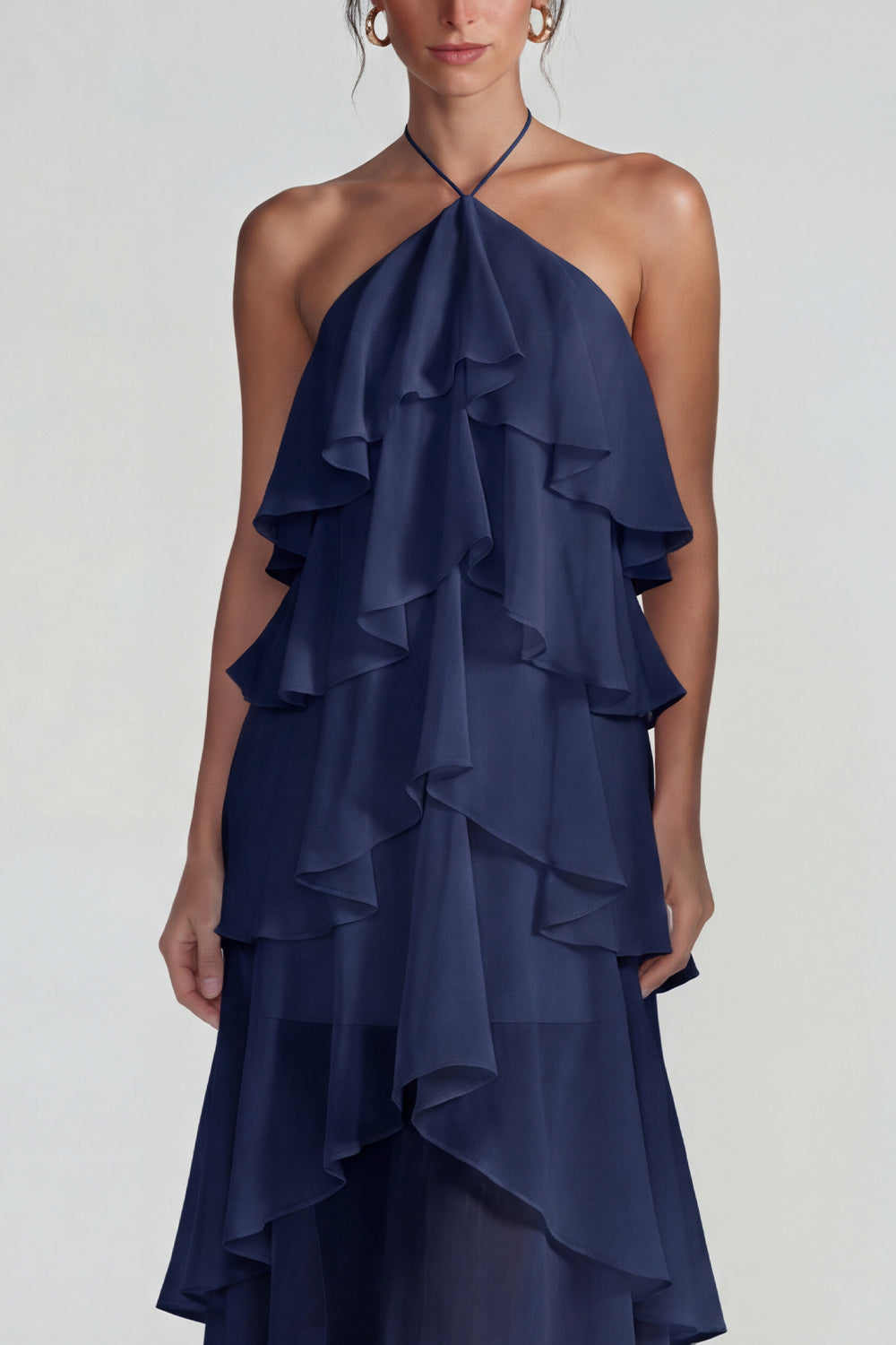Blue Tiered A Line Halter Long Wedding Guest Dress with Ruffles