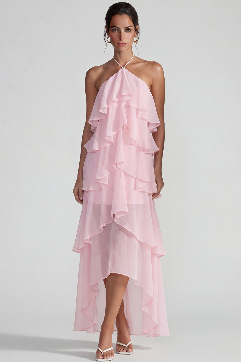 Blue Tiered A Line Halter Long Wedding Guest Dress with Ruffles