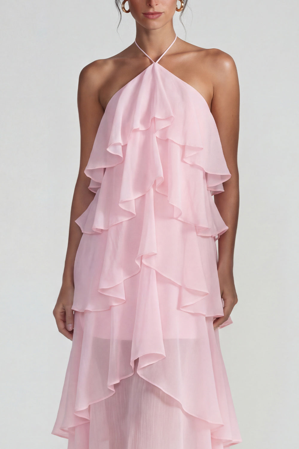 Blue Tiered A Line Halter Long Wedding Guest Dress with Ruffles