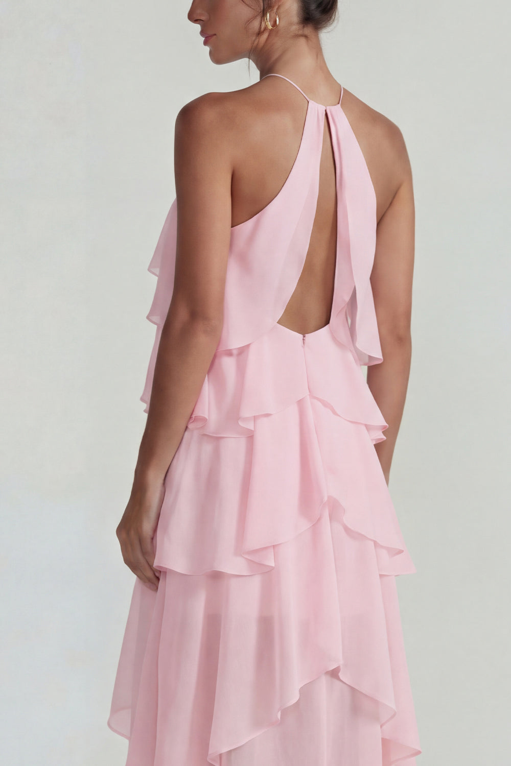 Blue Tiered A Line Halter Long Wedding Guest Dress with Ruffles