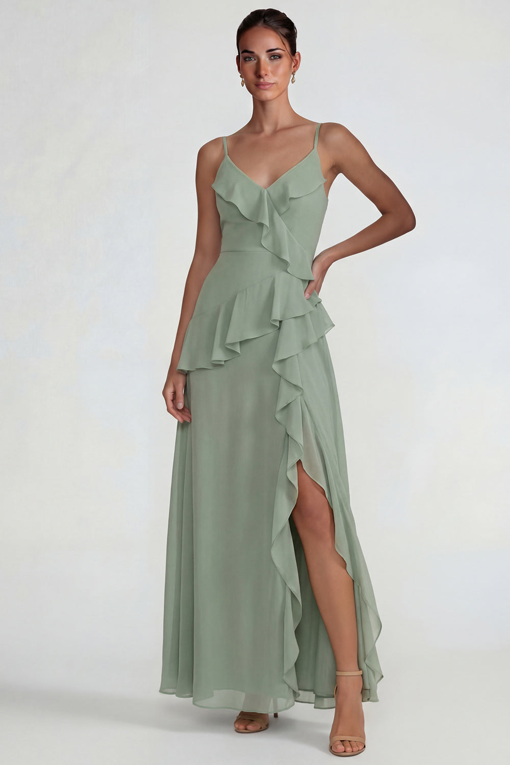 Dusty Sage Ruffled Spaghetti Straps Chiffon Long A Line Wedding Guest Dress with Slit