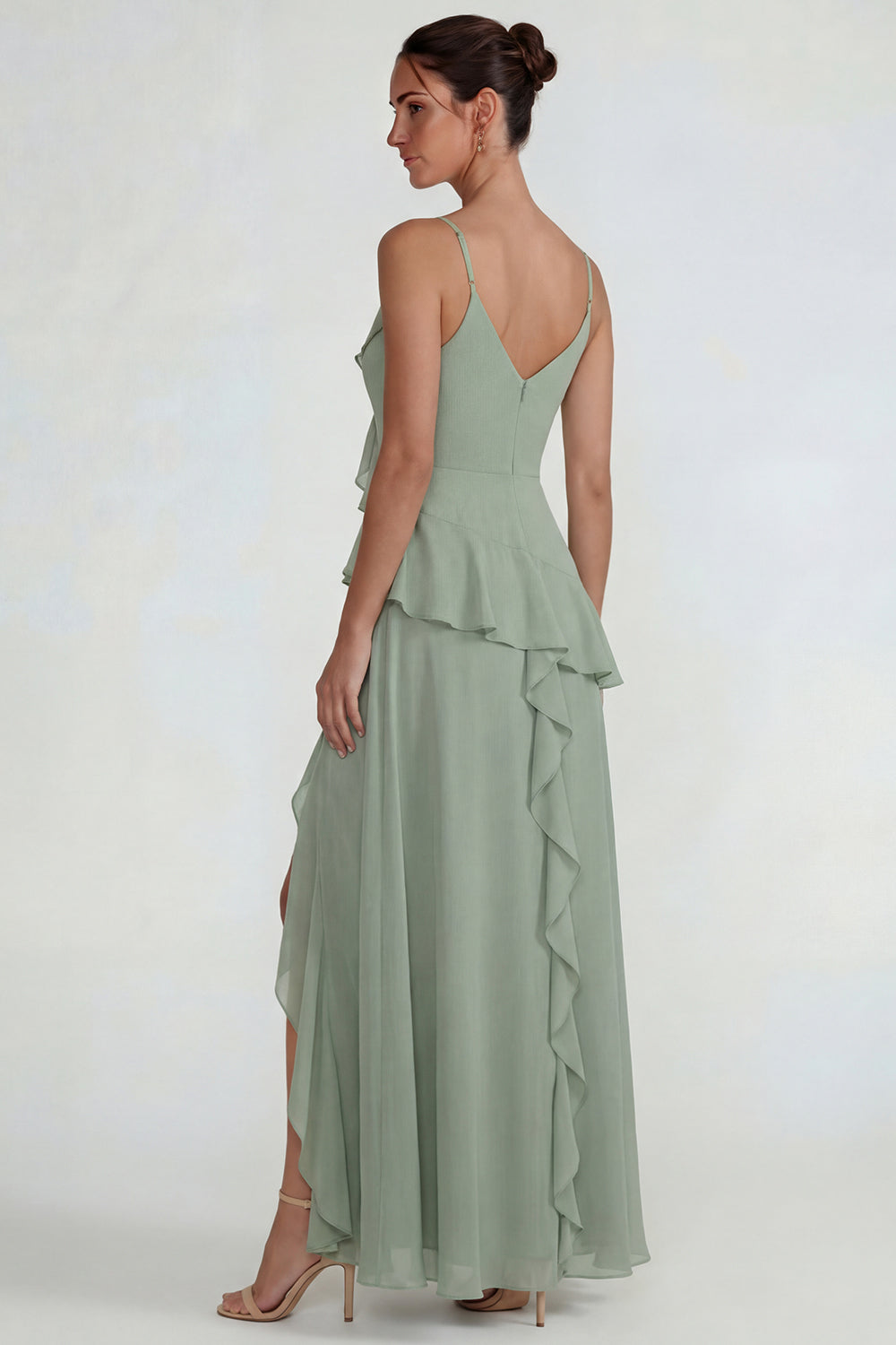 Dusty Sage Ruffled Spaghetti Straps Chiffon Long A Line Wedding Guest Dress with Slit