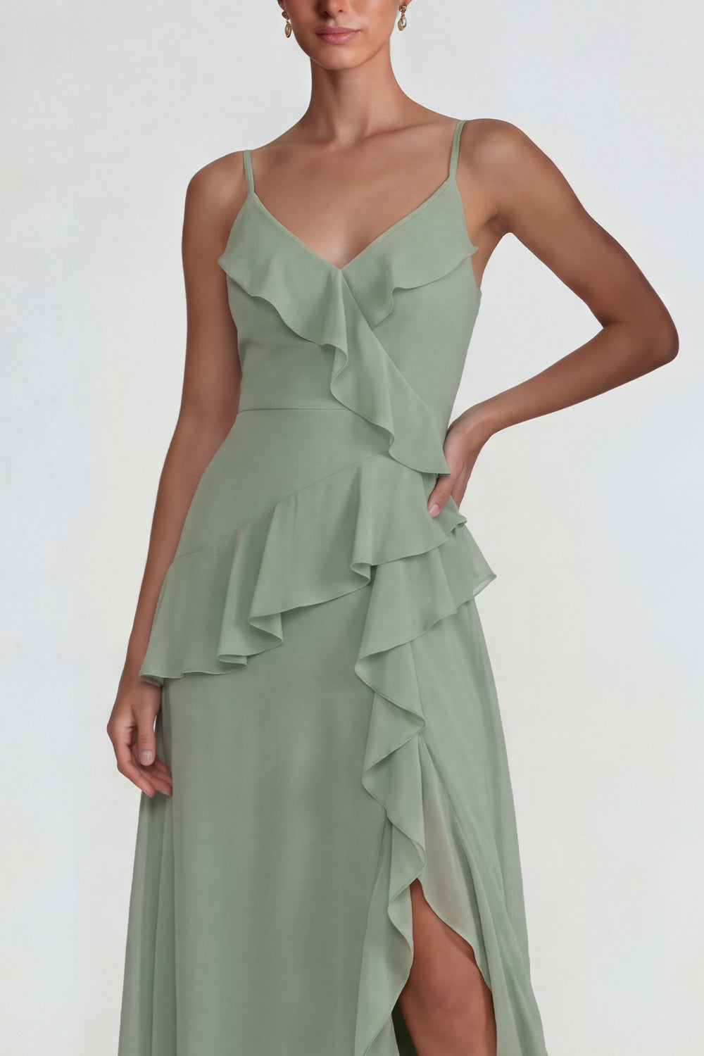Dusty Sage Ruffled Spaghetti Straps Chiffon Long A Line Wedding Guest Dress with Slit