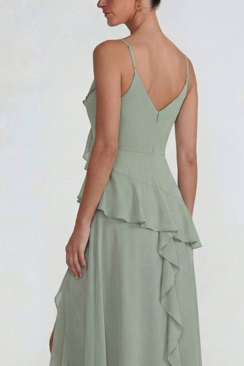 Dusty Sage Ruffled Spaghetti Straps Chiffon Long A Line Wedding Guest Dress with Slit