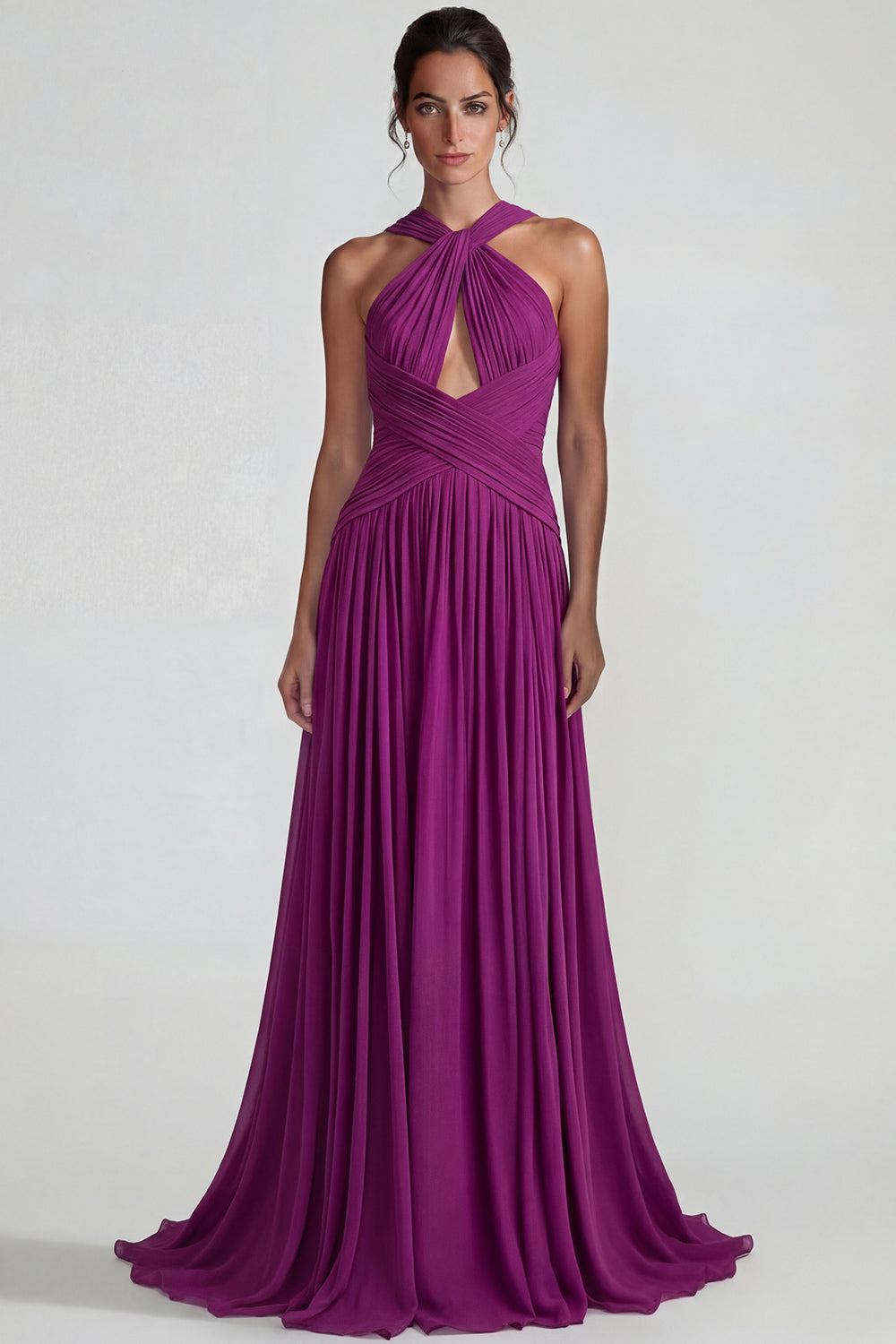 Dark Purple Neck Scarf Chiffon A Line Long Wedding Guest Dress with Keyhole