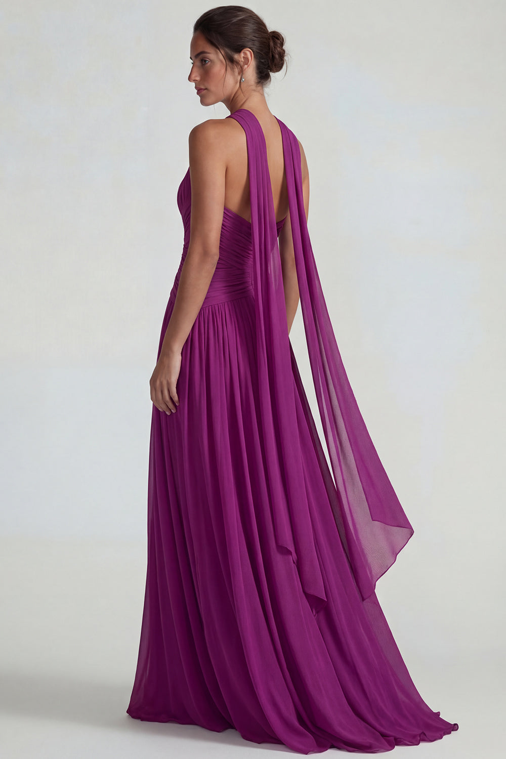 Dark Purple Neck Scarf Chiffon A Line Long Wedding Guest Dress with Keyhole