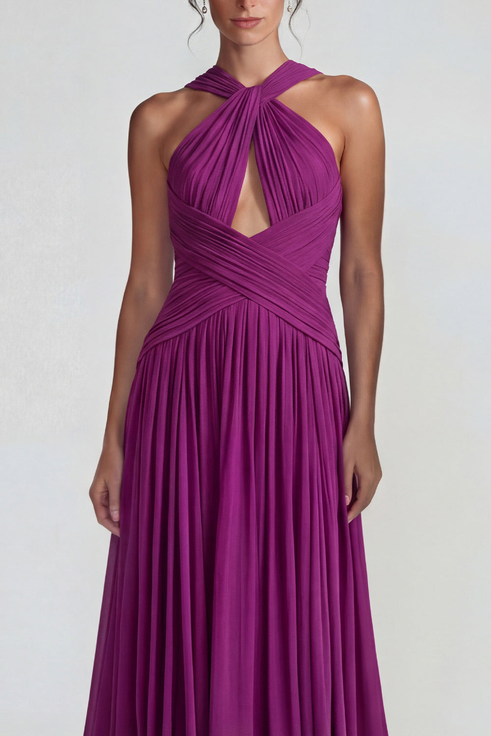 Dark Purple Neck Scarf Chiffon A Line Long Wedding Guest Dress with Keyhole