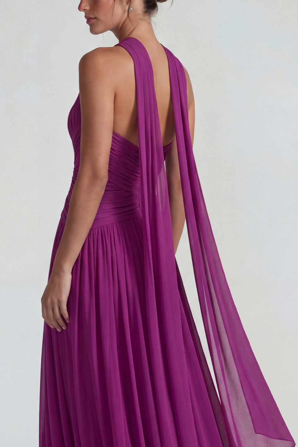 Dark Purple Neck Scarf Chiffon A Line Long Wedding Guest Dress with Keyhole