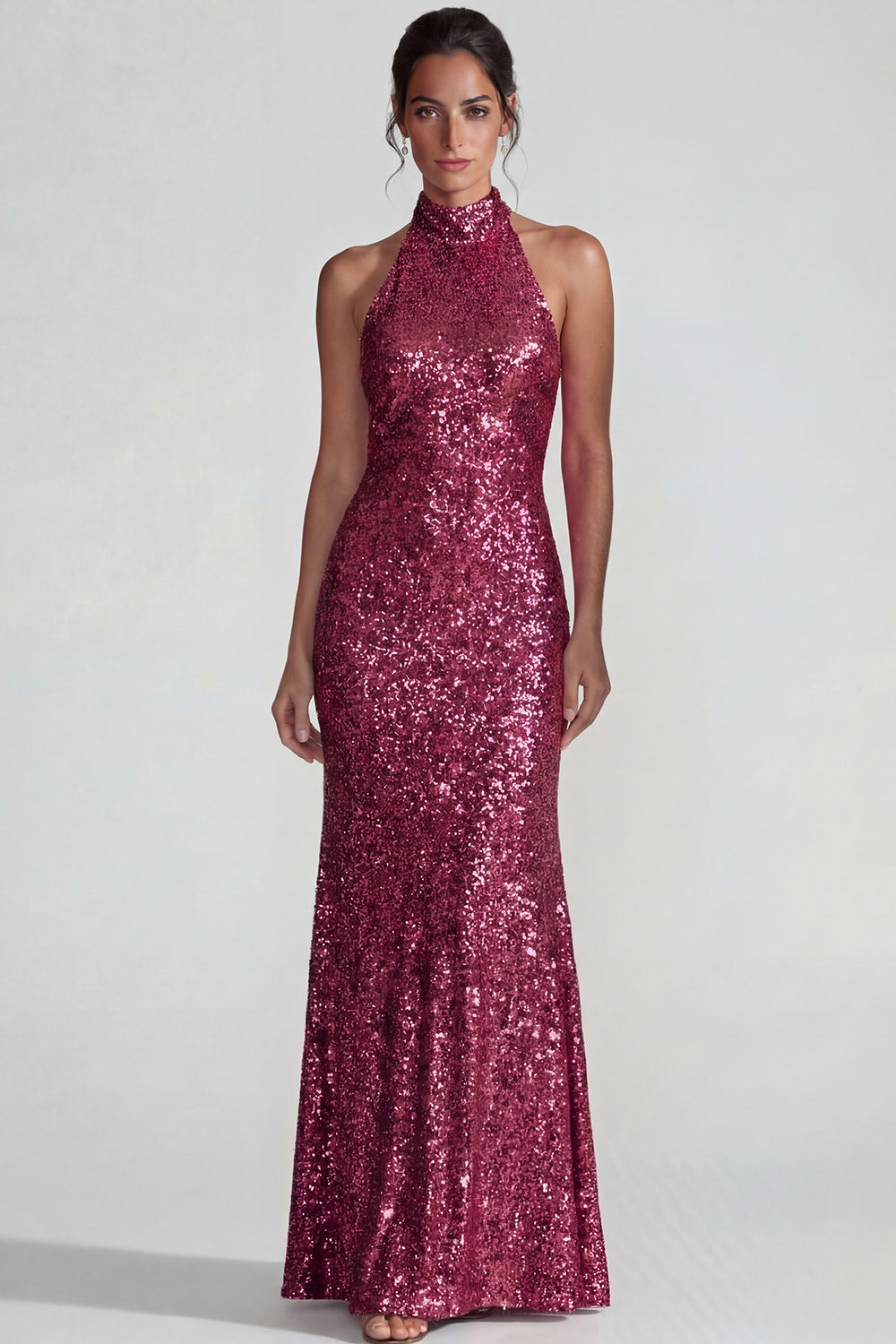 Sparkly Fuchsia High Neck Sequin Mermaid Long Wedding Guest Dress