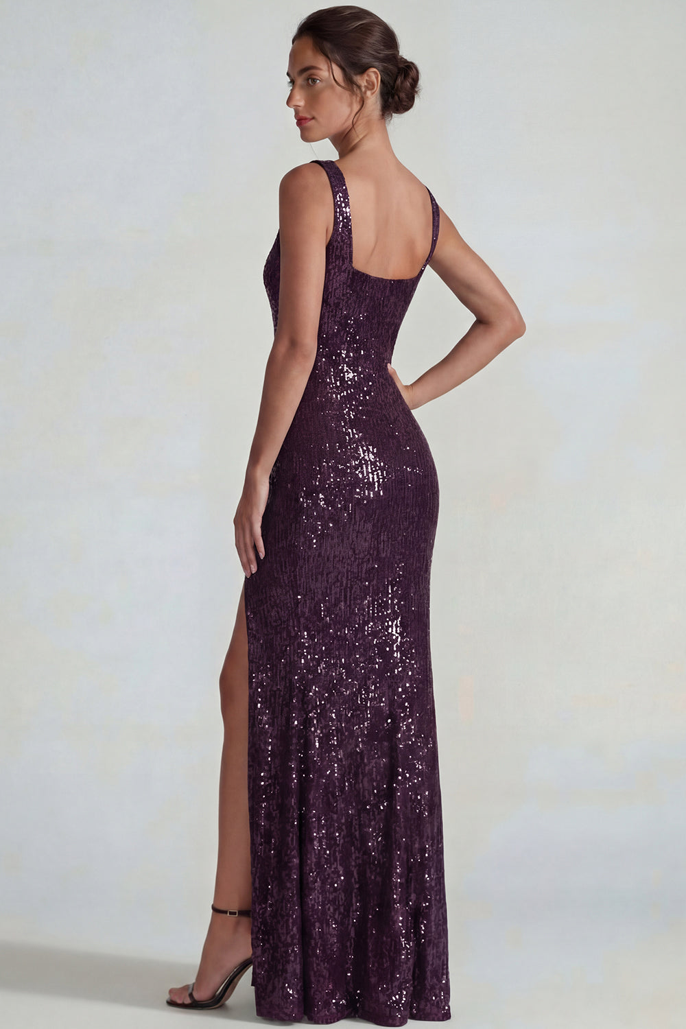 Sparkly Dark Purple Square Neck Sequin Mermaid Long Wedding Guest Dress with Slit