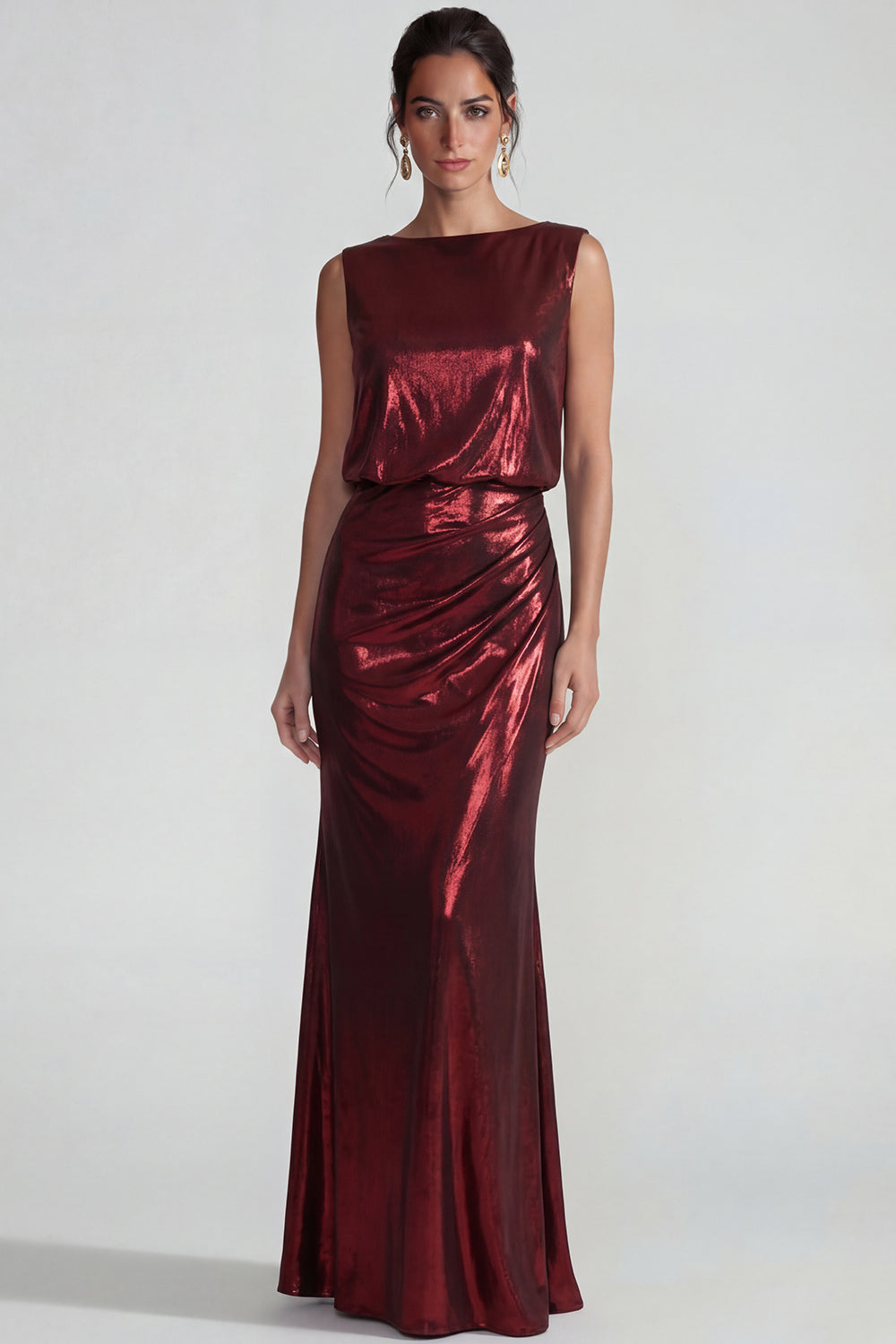 Burgundy Metallic Bateau Neck Long Mermaid Wedding Guest Dress