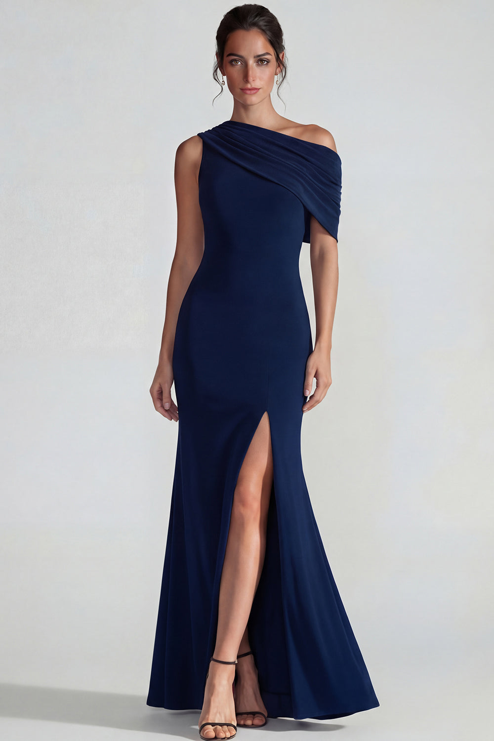 Navy Mermaid One Shoulder Wedding Guest Dress with Slit
