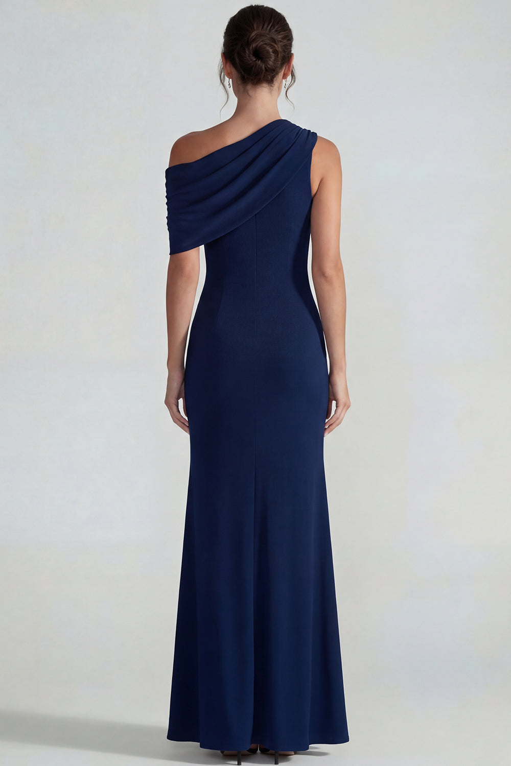 Navy Mermaid One Shoulder Wedding Guest Dress with Slit