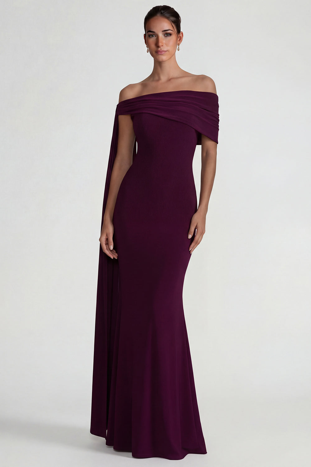 Burgundy Mermaid Off the Shoulder Long Wedding Guest Dress with Side Cape
