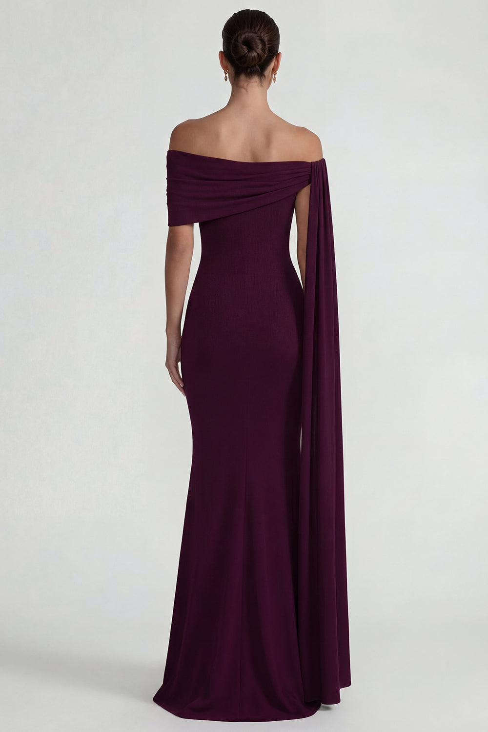 Burgundy Mermaid Off the Shoulder Long Wedding Guest Dress with Side Cape
