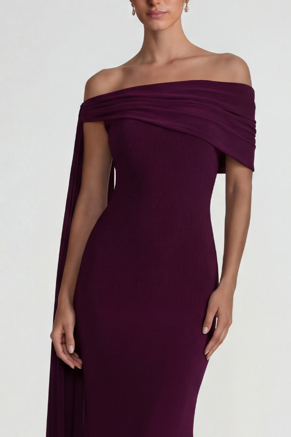 Burgundy Mermaid Off the Shoulder Long Wedding Guest Dress with Side Cape