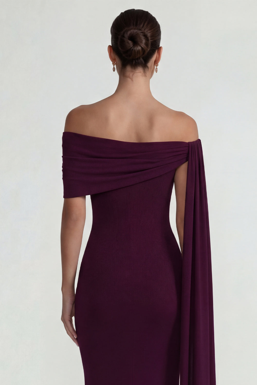 Burgundy Mermaid Off the Shoulder Long Wedding Guest Dress with Side Cape