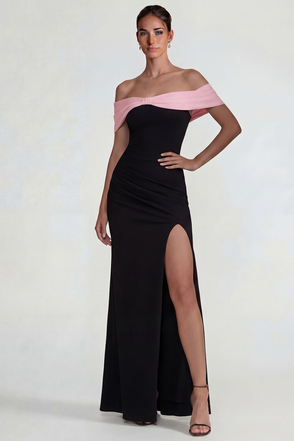 Black Pink Off the Shoulder Mermaid Long Wedding Guest Dress with Slit