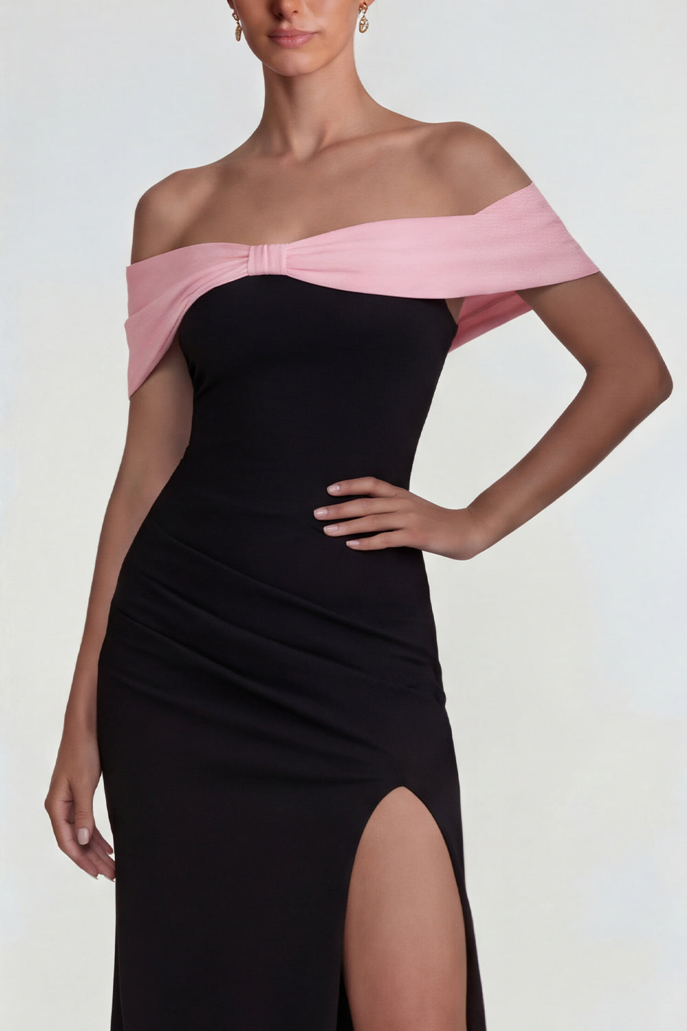 Black Pink Off the Shoulder Mermaid Long Wedding Guest Dress with Slit