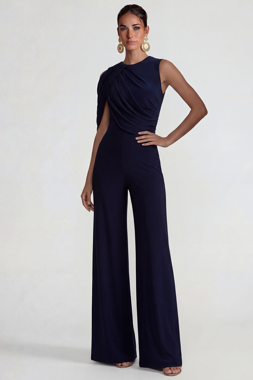 Navy Wide Leg Round Neck Wedding Guest Jumpsuits