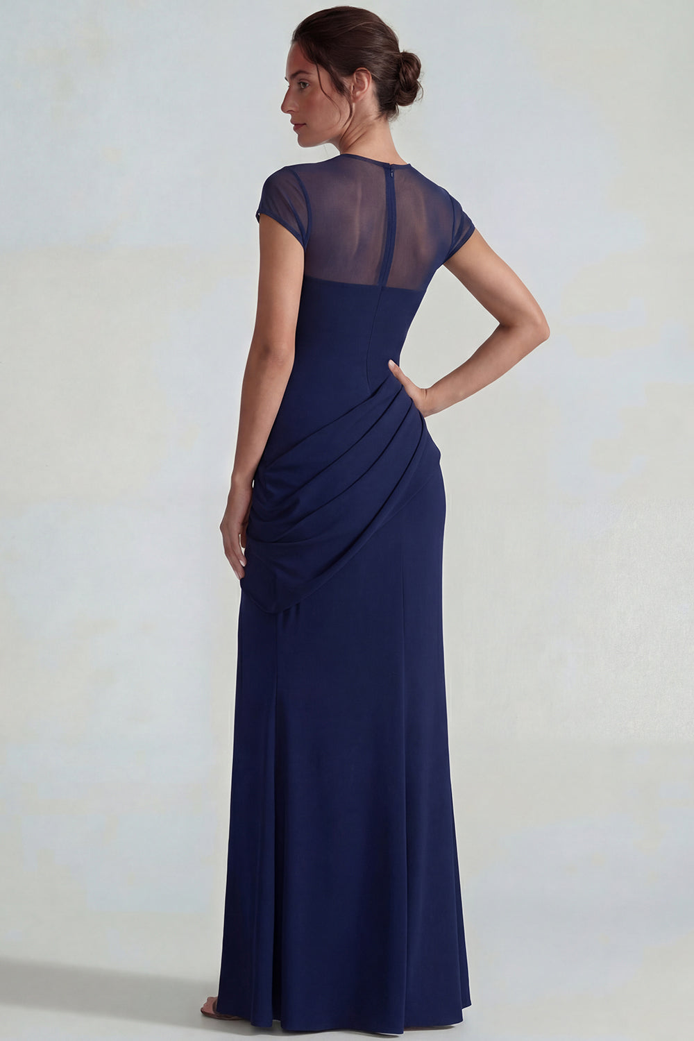 Navy Short Sleeves Long Mermaid Wedding Guest Dress with Slit